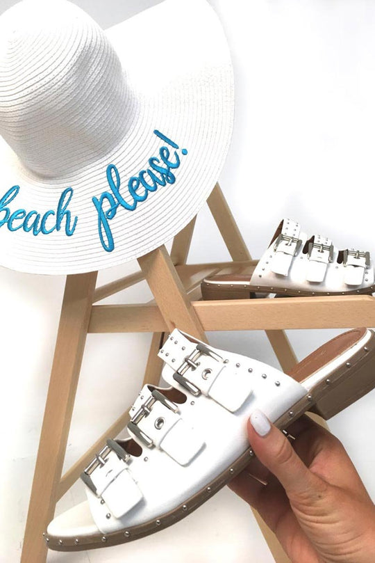 White Western Buckle Sliders  - Tana