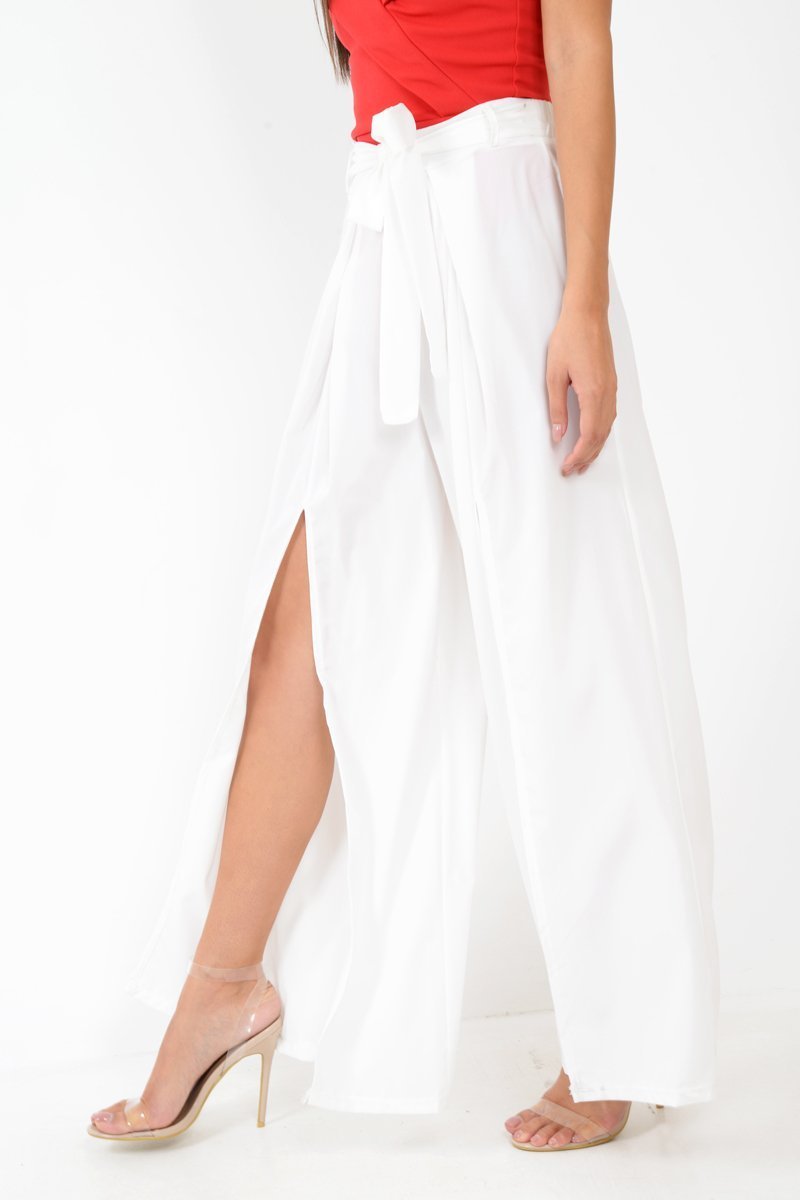 White Wide Leg Belted Split Front Trousers - Aamira-Trousers