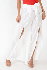 White Wide Leg Belted Split Front Trousers - Aamira-Trousers