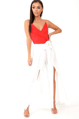 White Wide Leg Belted Split Front Trousers - Aamira-Trousers