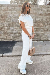 White Wide Leg Ribbed Crop Top Loungewear Co-ord - Cesilia-Loungewear