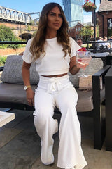 White Wide Leg Ribbed Crop Top Loungewear Co-ord - Cesilia-Loungewear
