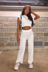 White Wide Leg Ribbed Crop Top Loungewear Co-ord - Cesilia-Loungewear