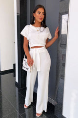 White Wide Leg Ribbed Crop Top Loungewear Co-ord - Cesilia-Loungewear