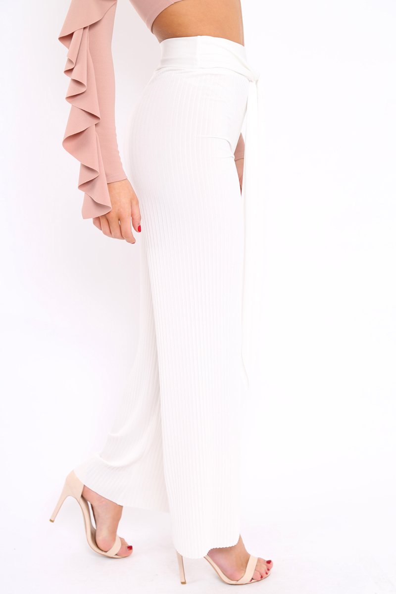 White Wide Legged Pleated Trousers - Chantel-Trousers