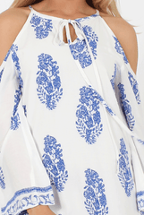 White With Large Blue Paisley Print Cold Shoulder Dress - Penelope-Dresses