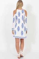 White With Large Blue Paisley Print Cold Shoulder Dress - Penelope-Dresses
