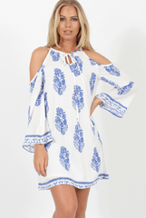 White With Large Blue Paisley Print Cold Shoulder Dress - Penelope-Dresses