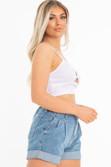 White Woven Plunge Ring Detail Crop Top - Lettie-Crop Tops