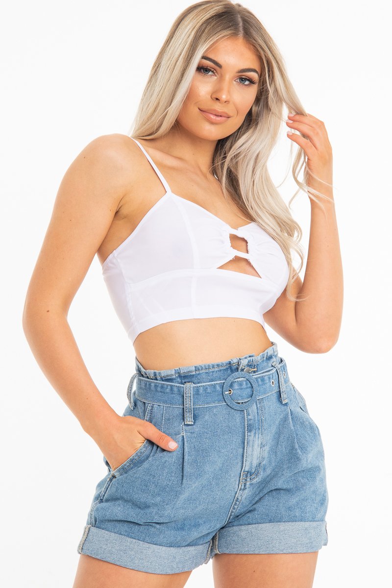 White Woven Plunge Ring Detail Crop Top - Lettie-Crop Tops