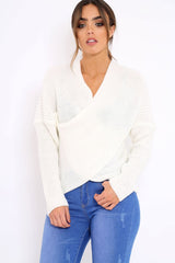 White Wrap Front Cable Knit Jumper - Melia-Jumper