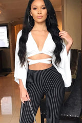 White Wrap Tie Crop Blouse - Kay-Tops