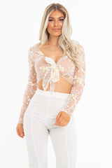 White Yellow Mesh Floral Tie Front Crop Top - Elana-Crop Tops