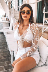 White Yellow Mesh Floral Tie Front Crop Top - Elana-Crop Tops