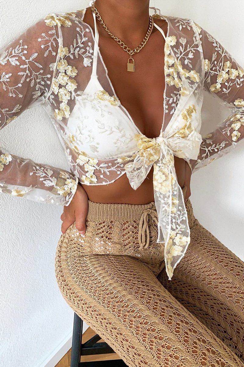 White Yellow Mesh Floral Tie Front Crop Top - Elana-Crop Tops
