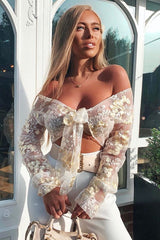 White Yellow Mesh Floral Tie Front Crop Top - Elana-Crop Tops