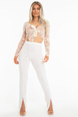 White Yellow Mesh Floral Tie Front Crop Top - Elana-Crop Tops