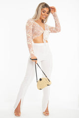 White Yellow Mesh Floral Tie Front Crop Top - Elana-Crop Tops