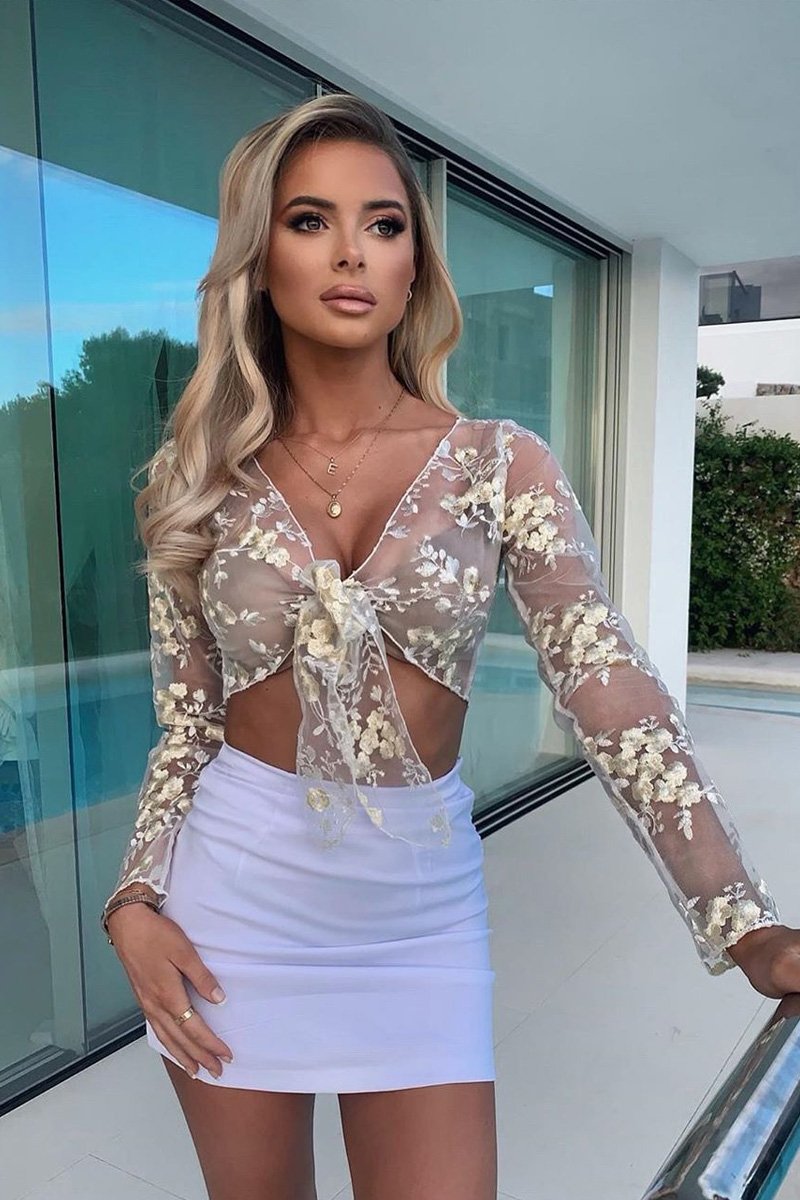 White Yellow Mesh Floral Tie Front Crop Top - Elana-Crop Tops