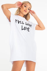 White Yves Saint Love Printed Slogan T-Shirt Dress - Jamey-Dresses