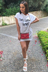 White Yves Saint Love Printed Slogan T-Shirt Dress - Jamey-Dresses