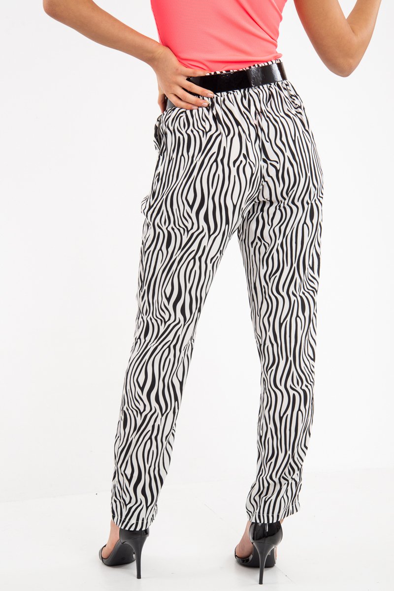 White Zebra Print Wide Leg Trousers - Gisella-Trousers