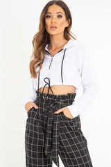 White Zip Front Drawstring Waist Hoodie Crop Top - Rudi-Hoodies