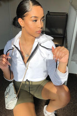 White Zip Front Drawstring Waist Hoodie Crop Top - Rudi-Hoodies