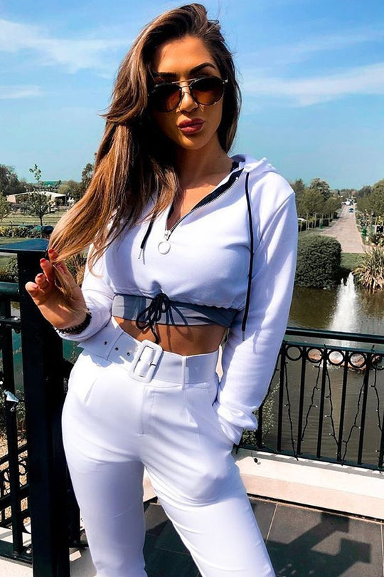 White Zip Front Drawstring Waist Hoodie Crop Top - Rudi