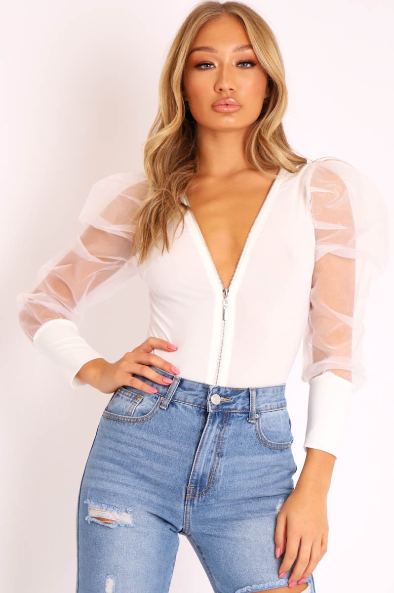 White Zip Front Sheer Puff Sleeves Bodysuit - Vylet-Bodysuits