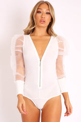 White Zip Front Sheer Puff Sleeves Bodysuit - Vylet-Bodysuits