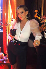 White Zip Front Sheer Puff Sleeves Bodysuit - Vylet-Bodysuits