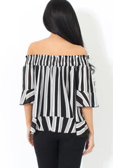 White and Black Bardot Frill Sleeve Top- Becka-Tops
