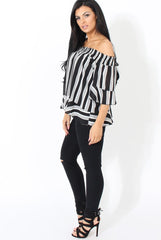 White and Black Bardot Frill Sleeve Top- Becka-Tops