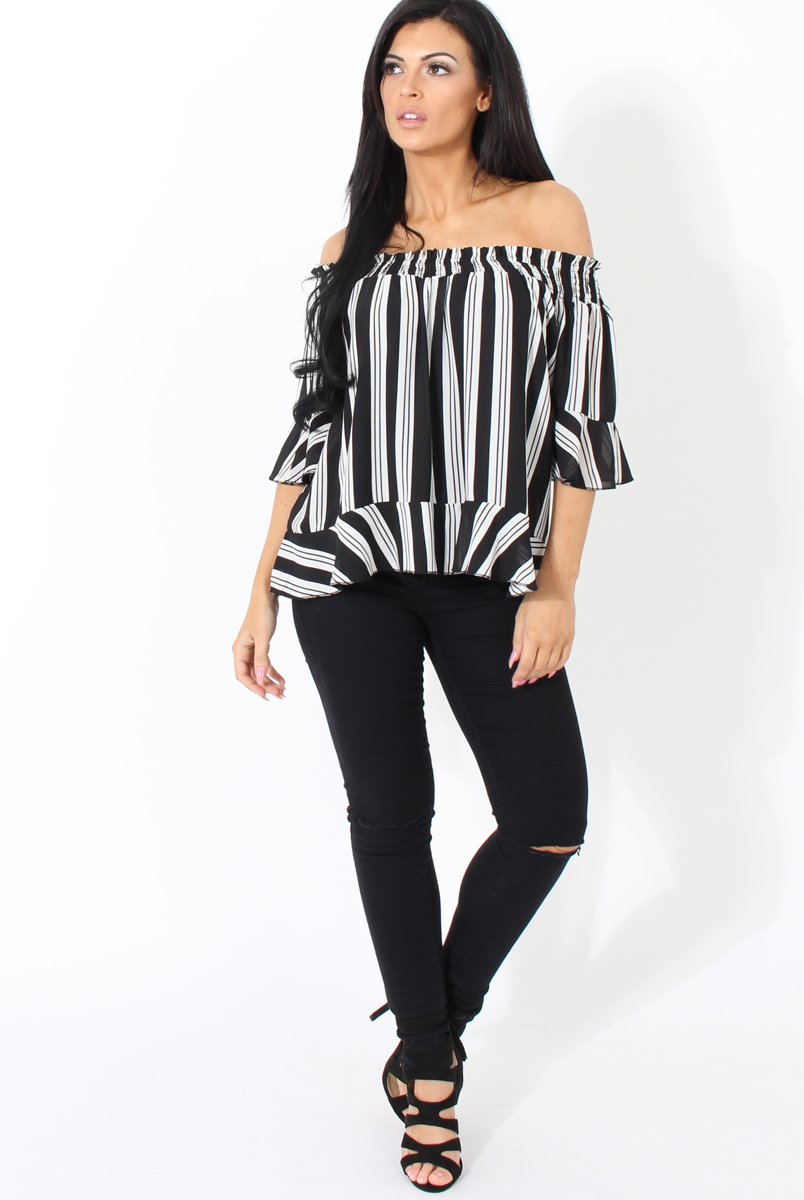 White and Black Bardot Frill Sleeve Top- Becka-Tops