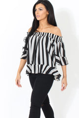 White and Black Bardot Frill Sleeve Top- Becka-Tops