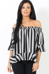 White and Black Bardot Frill Sleeve Top- Becka-Tops