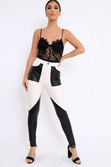 White and Black Contrast Faux Leather Trousers - Pax-Trousers