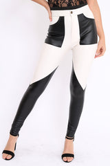 White and Black Contrast Faux Leather Trousers - Pax-Trousers