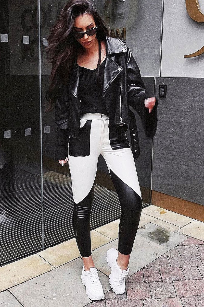White and Black Contrast Faux Leather Trousers - Pax-Trousers