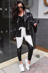 White and Black Contrast Faux Leather Trousers - Pax-Trousers