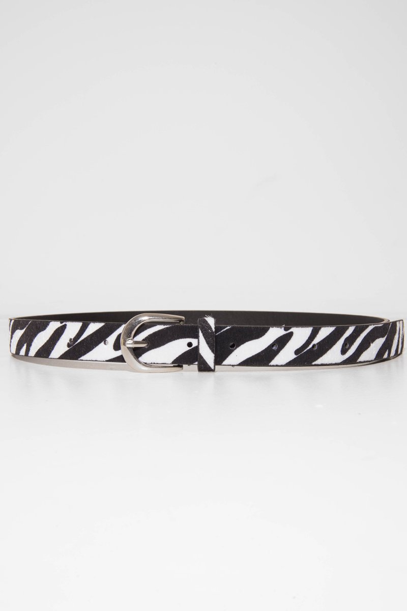 White and Black Faux Pony Hair Zebra Print Belt - Calliana-Belts