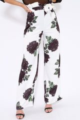 White and Black Floral Paper Bag Tie Waist Wide Leg Trousers - Kennedy-Trousers