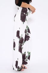 White and Black Floral Paper Bag Tie Waist Wide Leg Trousers - Kennedy-Trousers