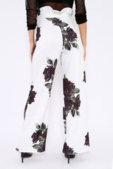 White and Black Floral Paper Bag Tie Waist Wide Leg Trousers - Kennedy-Trousers
