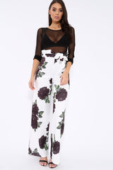 White and Black Floral Paper Bag Tie Waist Wide Leg Trousers - Kennedy-Trousers