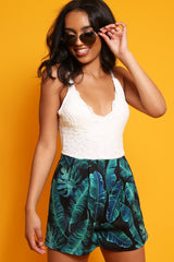 White and Black Lace and Palm Leaf Print Playsuit - Tarini-Playsuits