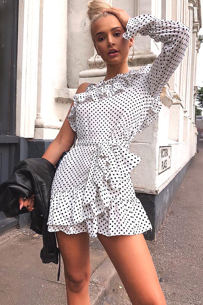White and Black Polka Dot One Shoulder Frill Dress - Zyann-Dresses