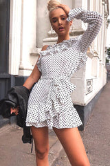 White and Black Polka Dot One Shoulder Frill Dress - Zyann-Dresses