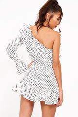 White and Black Polka Dot One Shoulder Frill Dress - Zyann-Dresses